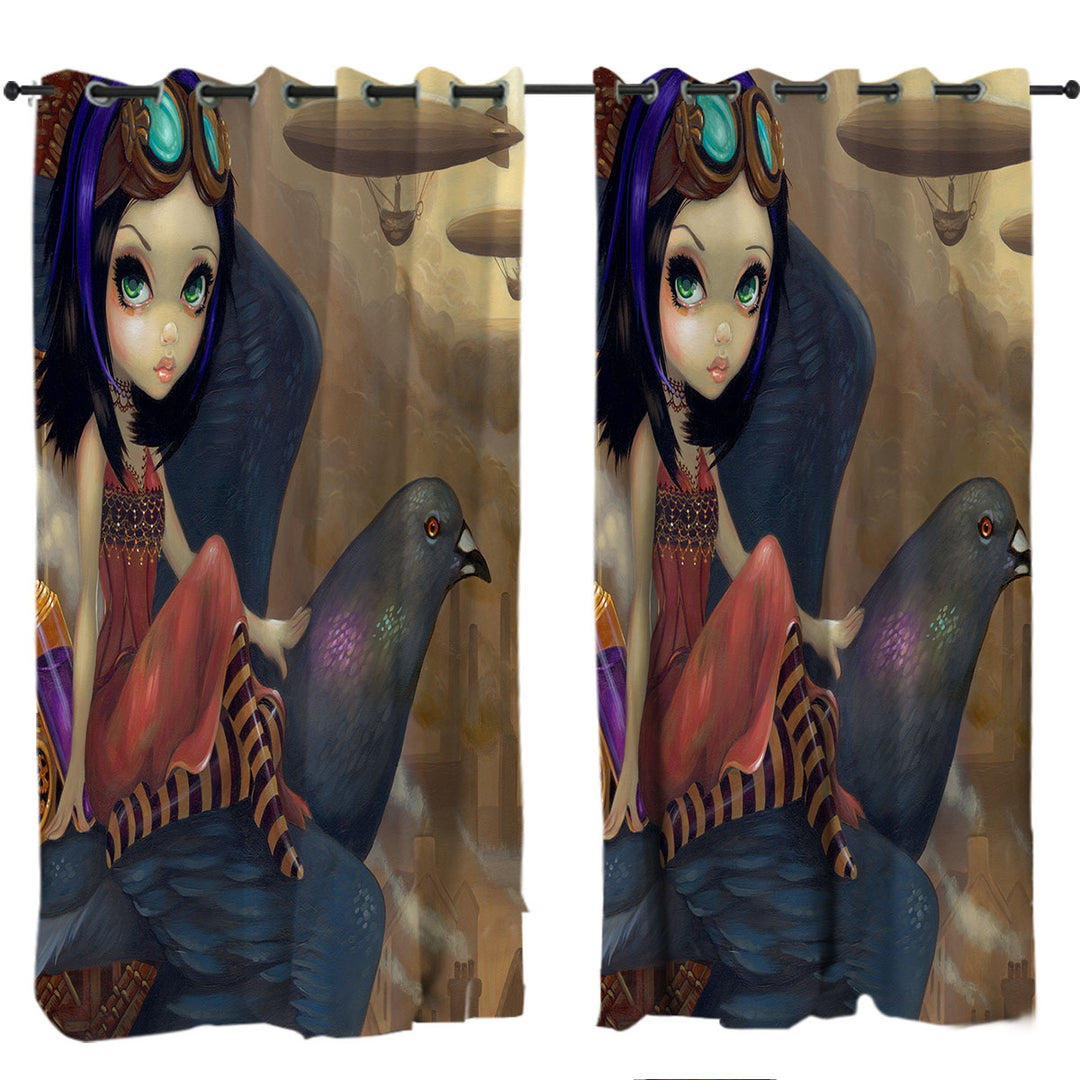 Poe a Beautiful Steampunk Flair Girl on a Pigeon Curtains