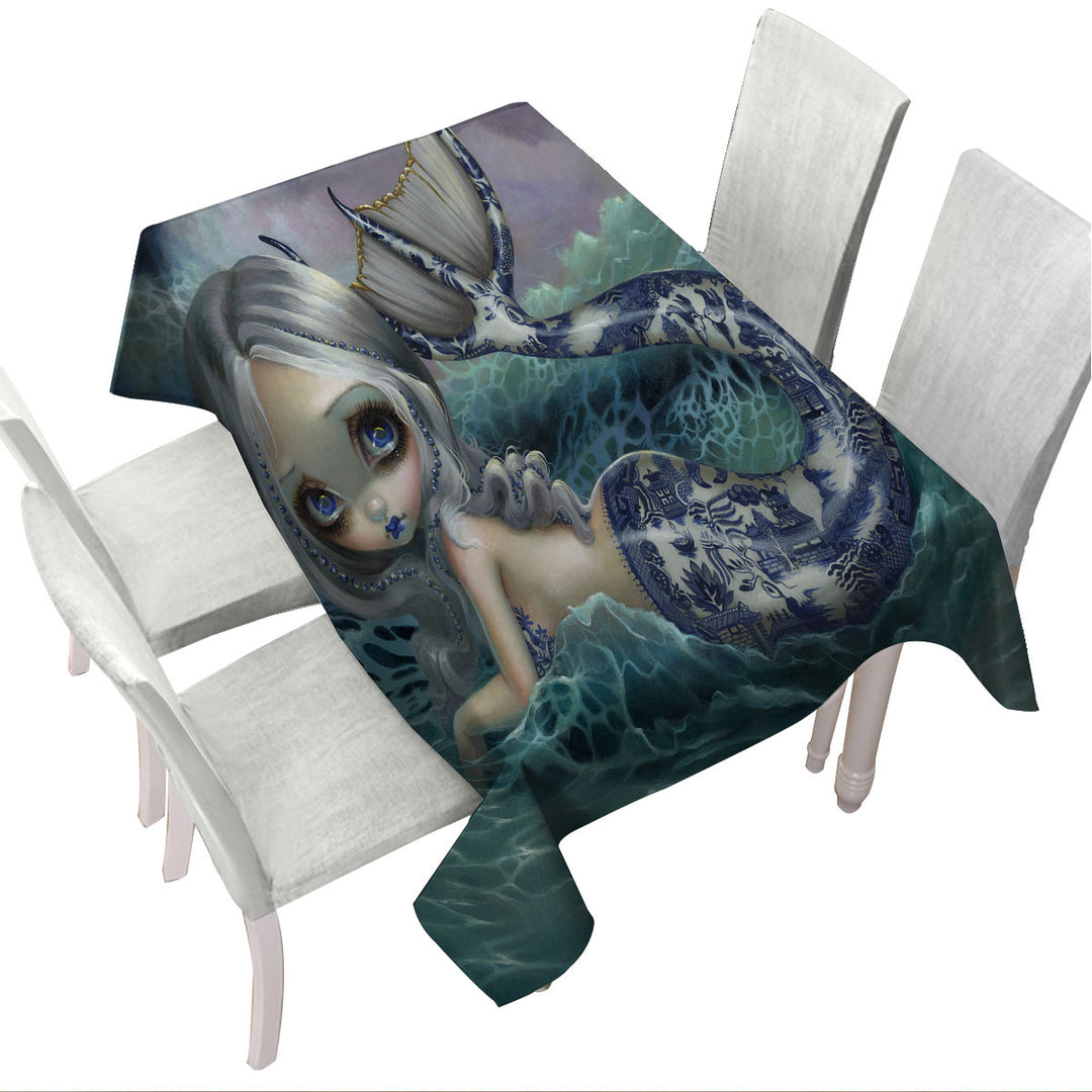 Porcelina the Blue Willow Porcelain Tailed Mermaid Printed Tablecloth