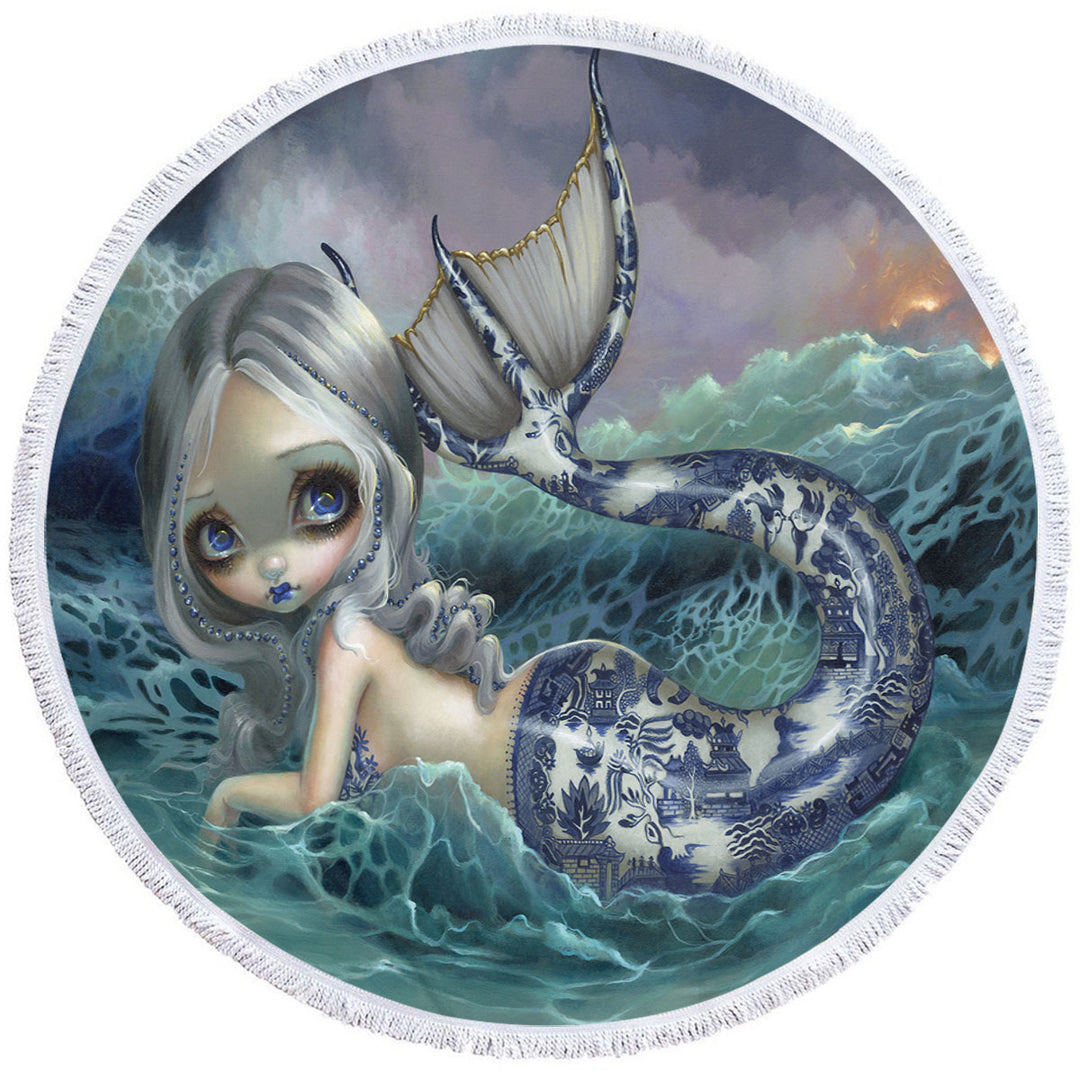 Porcelina the Blue Willow Porcelain Tailed Mermaid Womens Beach Towel