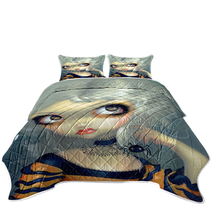Portrait With Spiderling Big Eyed Beauty Goth Girl King Size Bedspreads