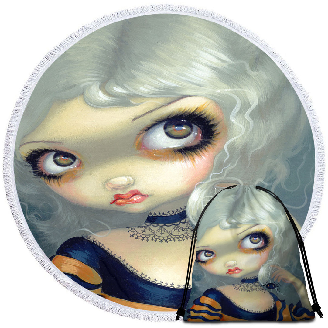 Portrait With Spiderling Big Eyed Beauty Goth Girl Round Beach Towel