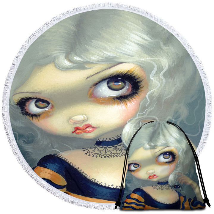 Portrait With Spiderling Big Eyed Beauty Goth Girl Round Beach Towel