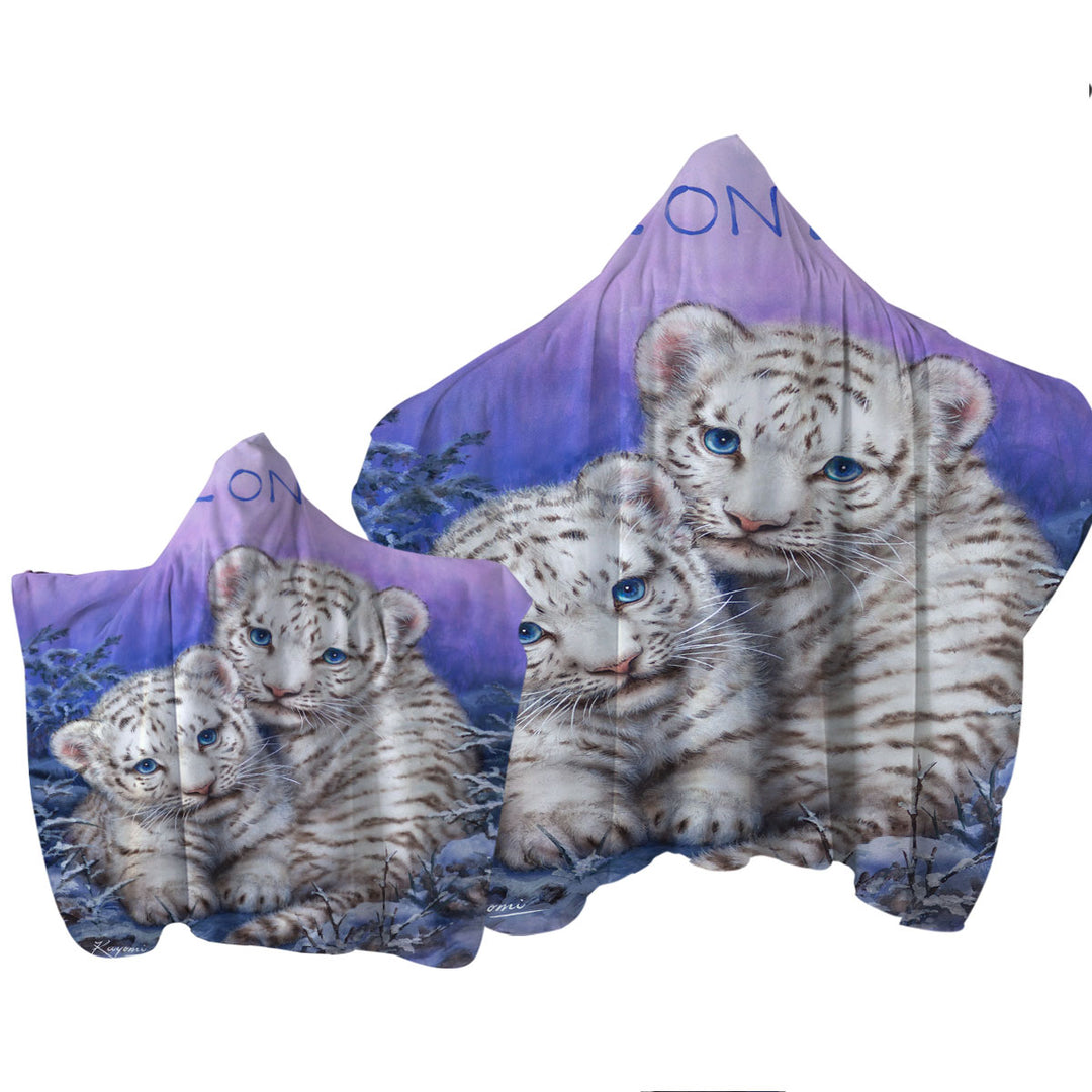 Positive Wildlife Animal Art White Tiger Cubs Hooded Beach Towel