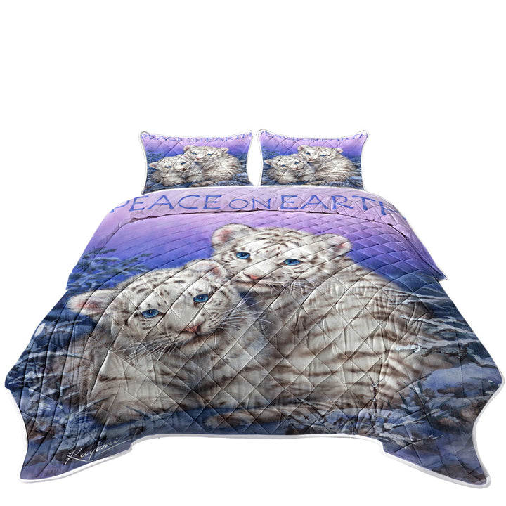 Positive Wildlife Animal Art White Tiger Cubs King Size Quilt
