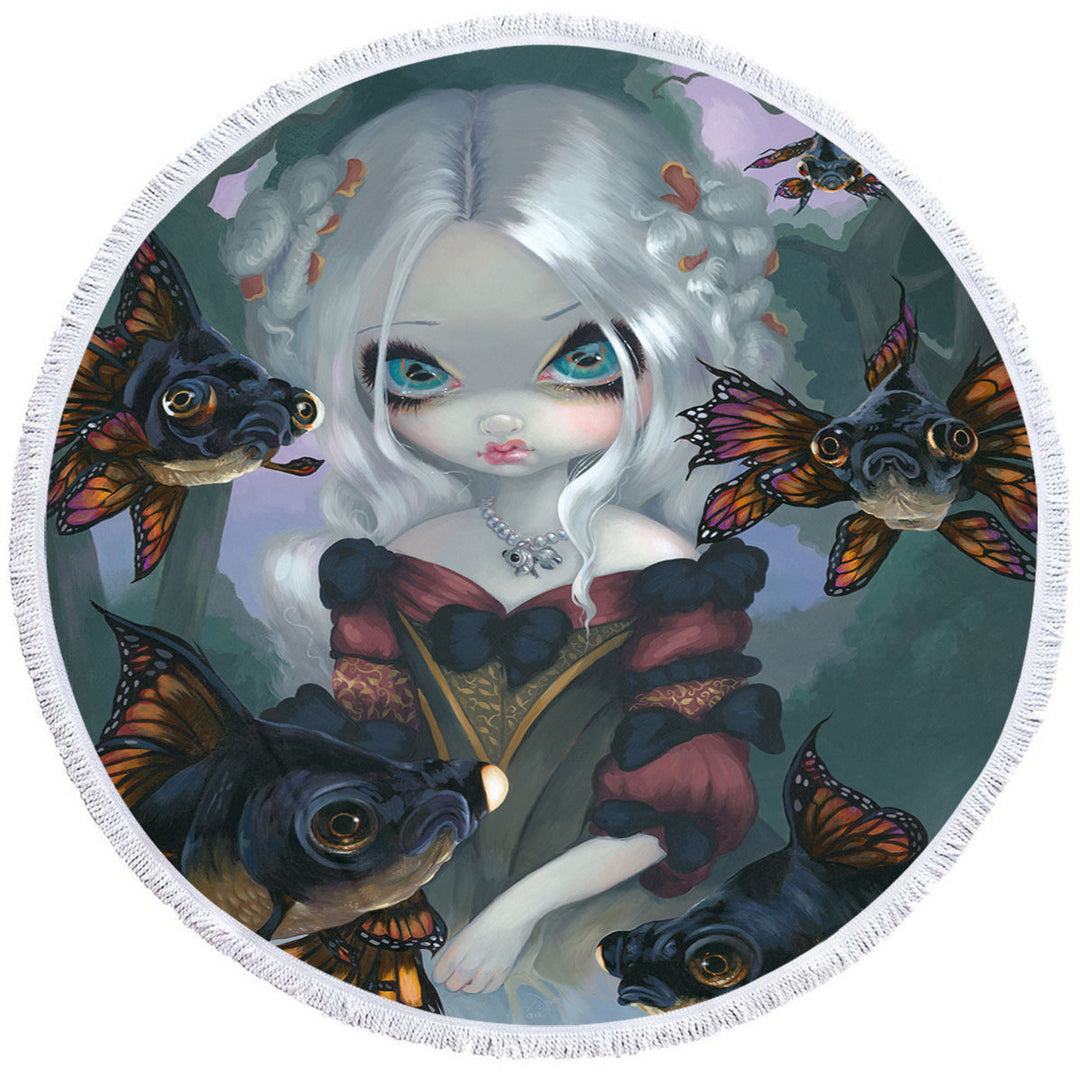 Pretty Girl Beach Towels and the Black Moor Goldfish Butterfly