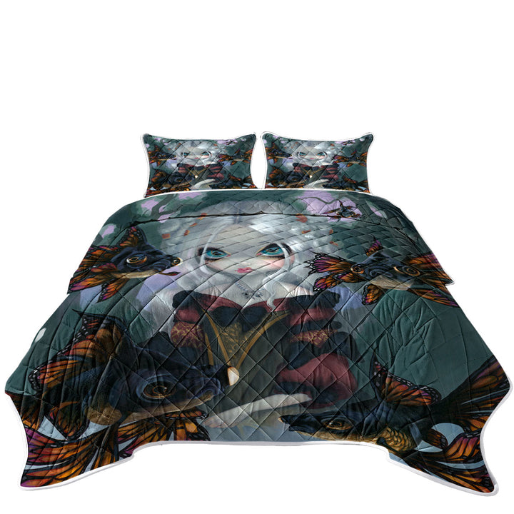 Pretty Girl and the Black Moor Goldfish Butterfly King Size Quilt