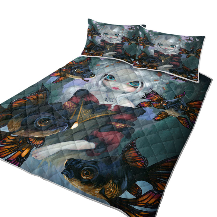 Pretty Girl and the Black Moor Goldfish Butterfly Quilts for sale