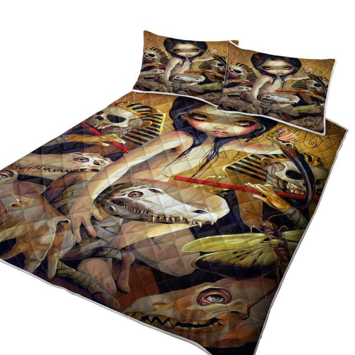 Priestess of Nyarlathotep Egyptian Maiden and Skulls Twin Quilt