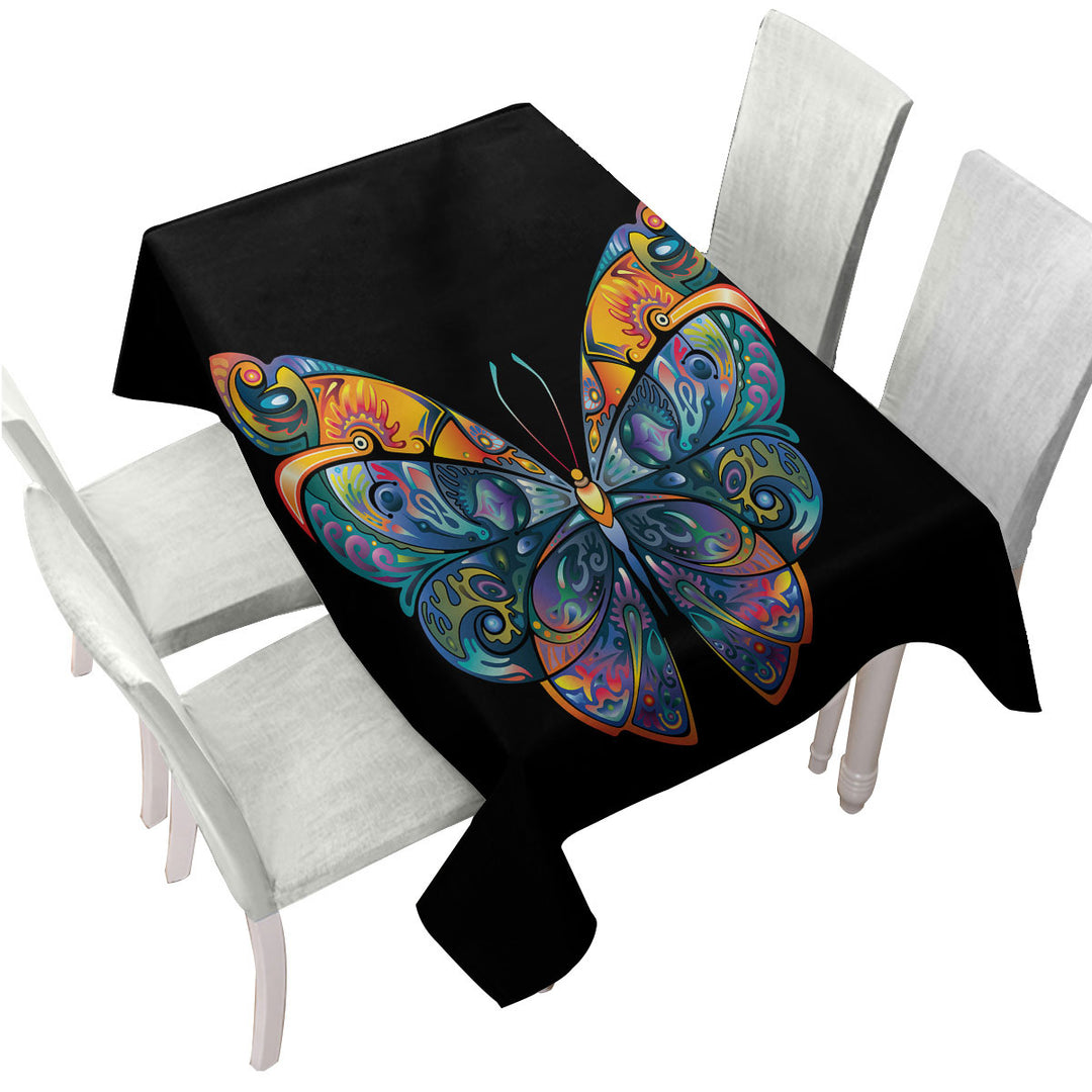 Printed Tablecloth with Colorful Butterfly over Black