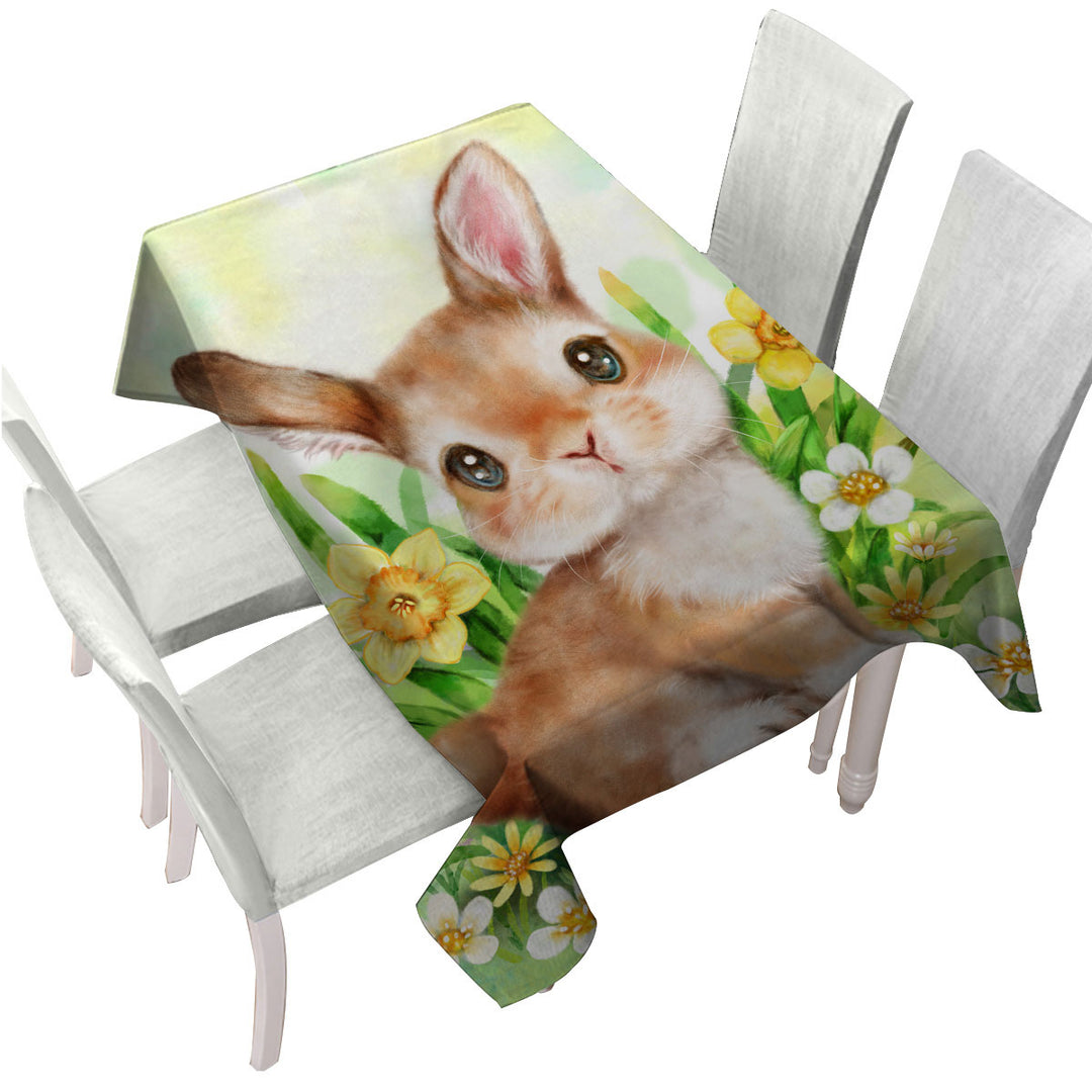 Printed Tablecloth with Cute Animal Art Bunny in the Flower Garden