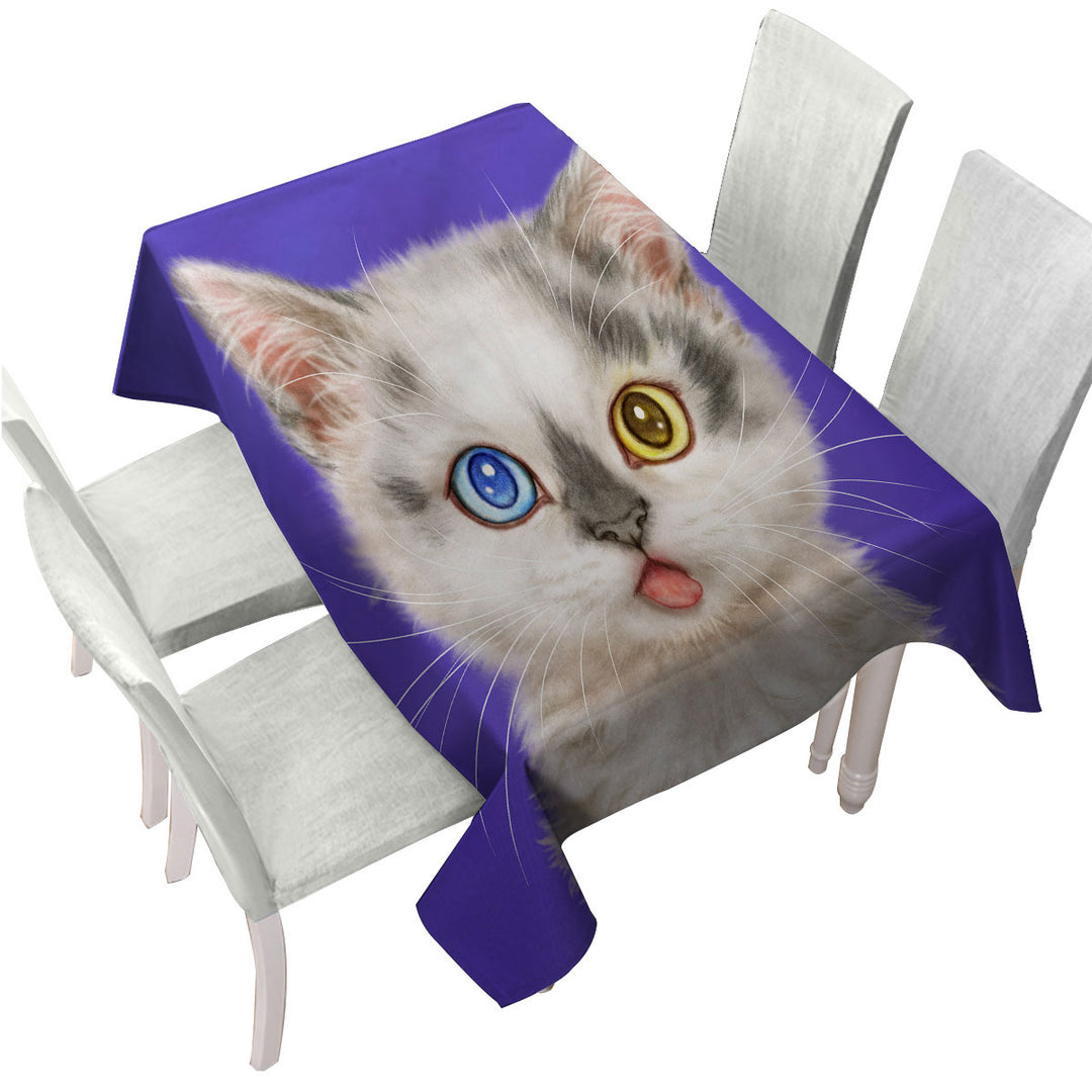 Printed Tablecloth with Heterochromia Eyes White Grey Kitty Cat