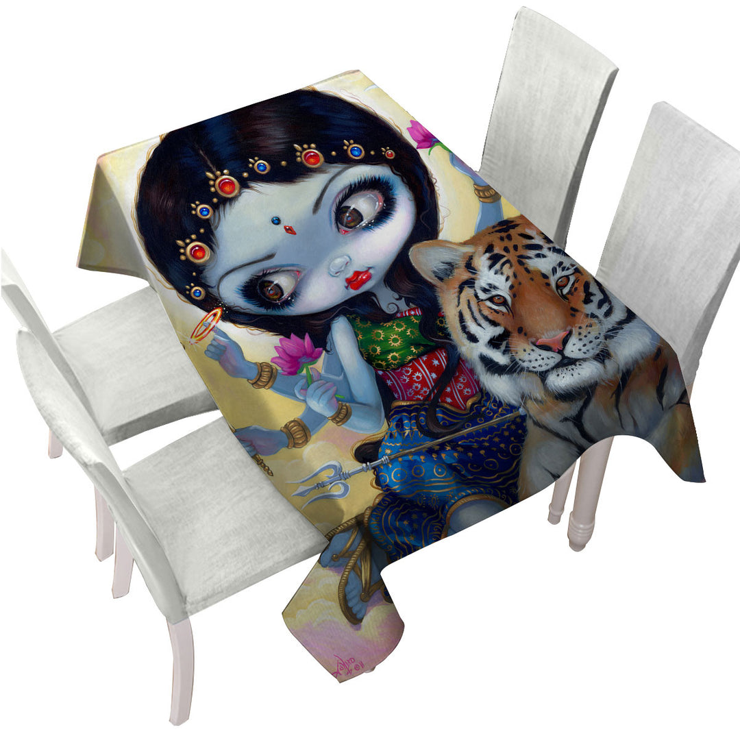 Printed Tablecloth with Hindu Goddess Maiden Durga and the Tiger