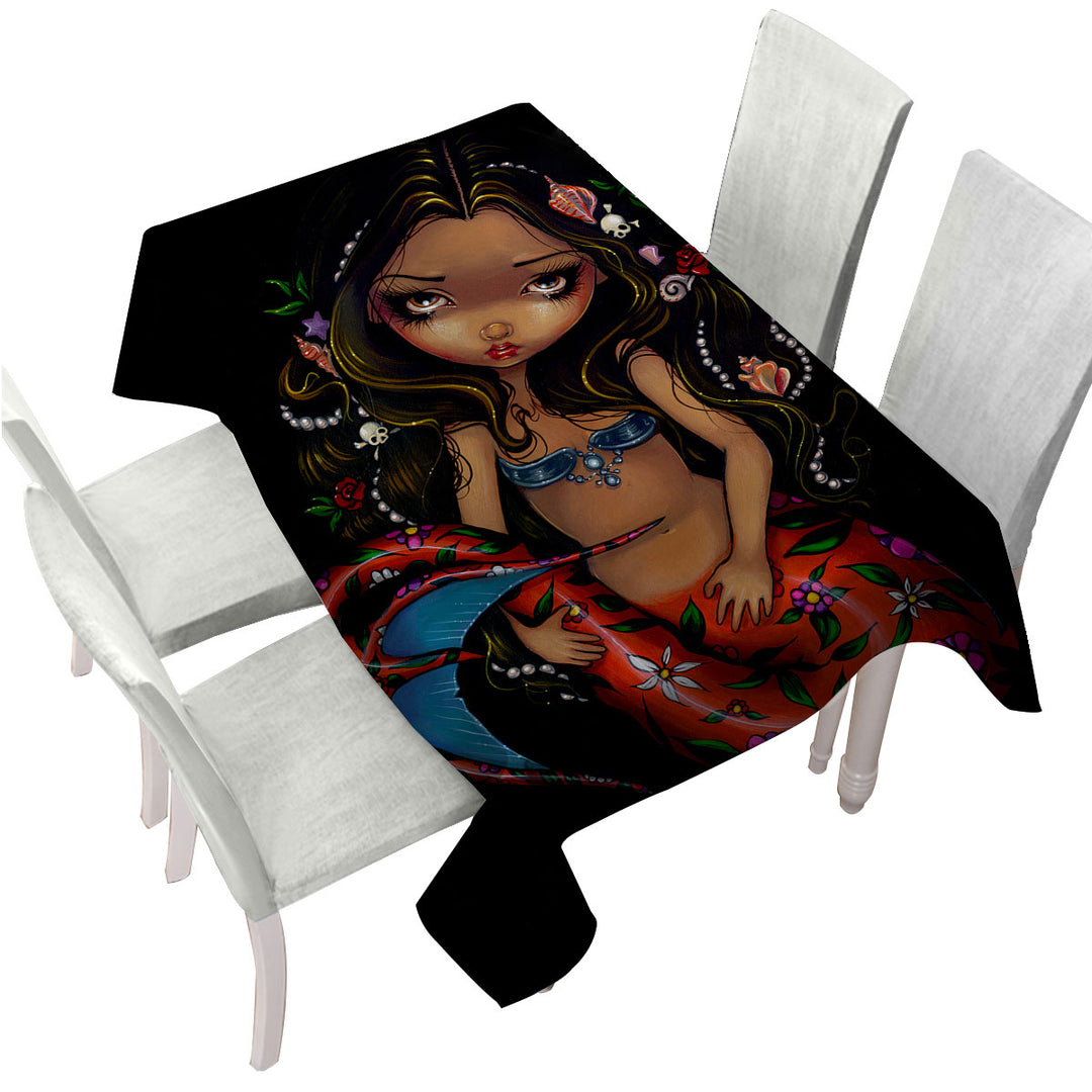 Printed Tablecloth with La Sirena the Big Eyed Mermaid with a Floral Tail
