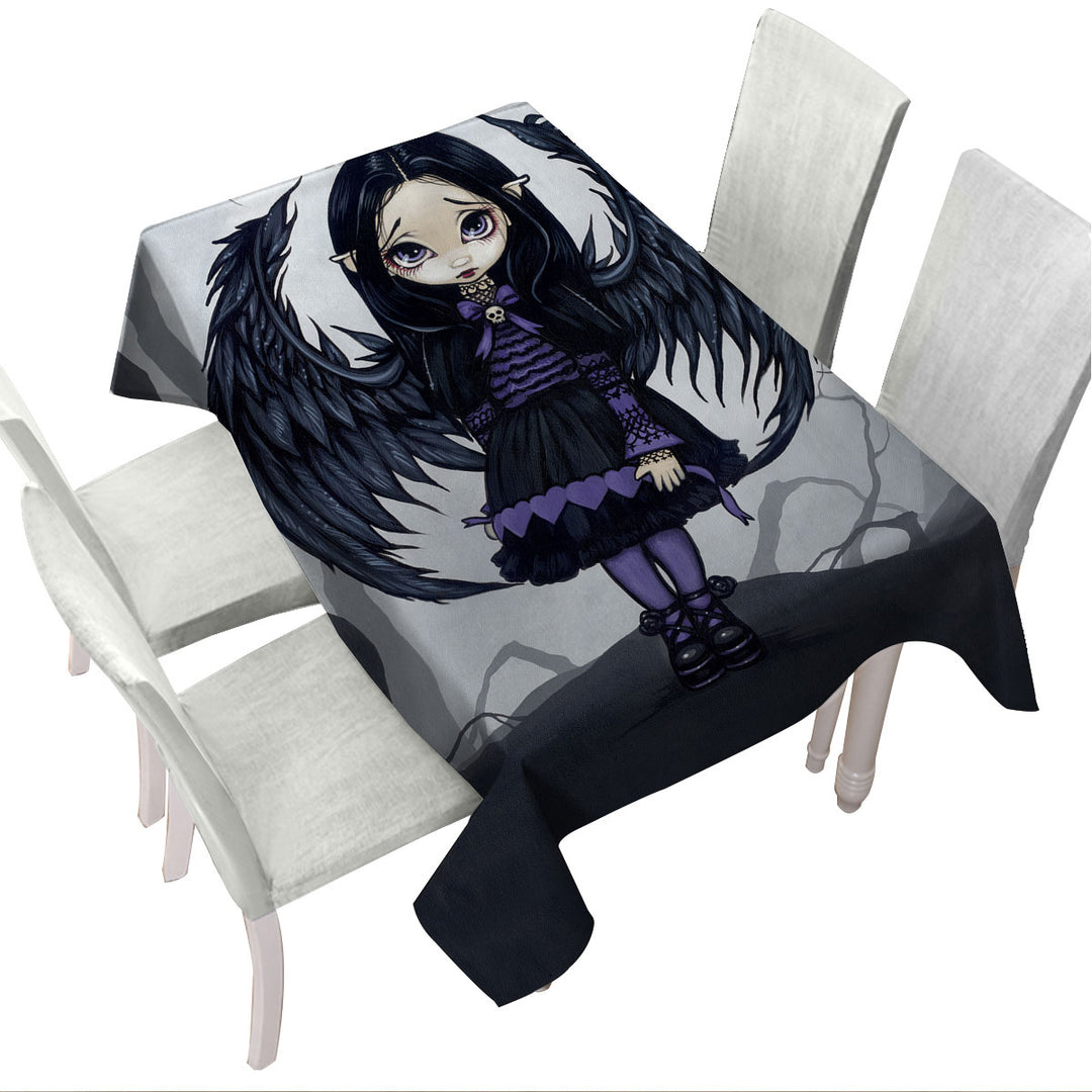 Printed Tablecloth with Purple Paper Hearts Gothic Angel in a Scary Forest