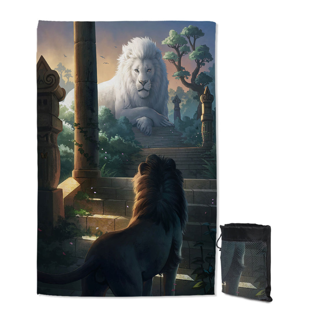 Printed Travel Beach Towel with Lion Temple Animal Painting Lions