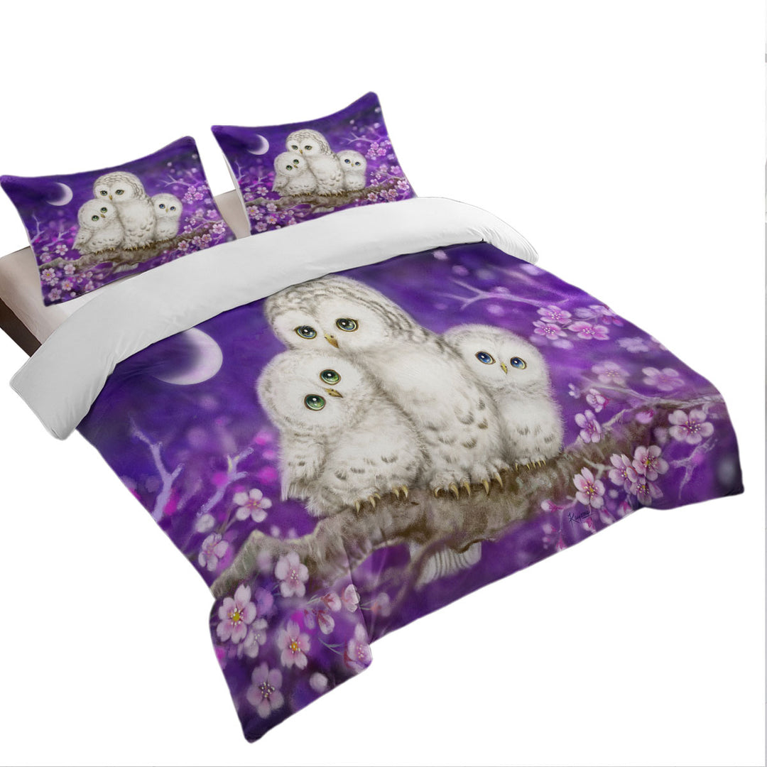 Purple Floral Art Owl Family Coverlet