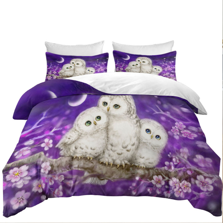 Purple Floral Art Owl Family Coverlets
