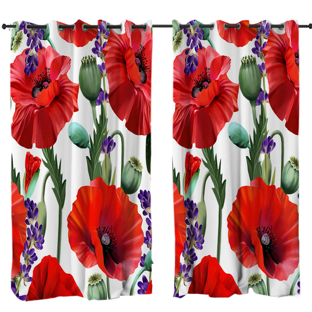 Purple Lavender and Red Poppy Flowers Curtain