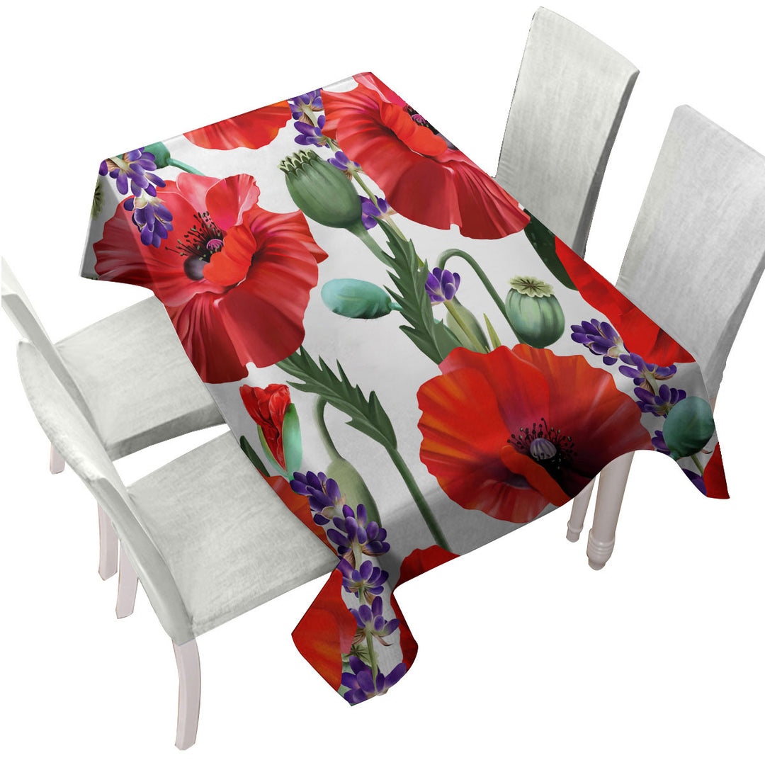 Purple Lavender and Red Poppy Flowers Tablecloth