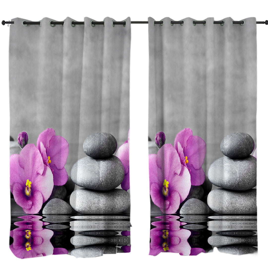 Purple Orchid Flower over Spa Pebbles Curtains