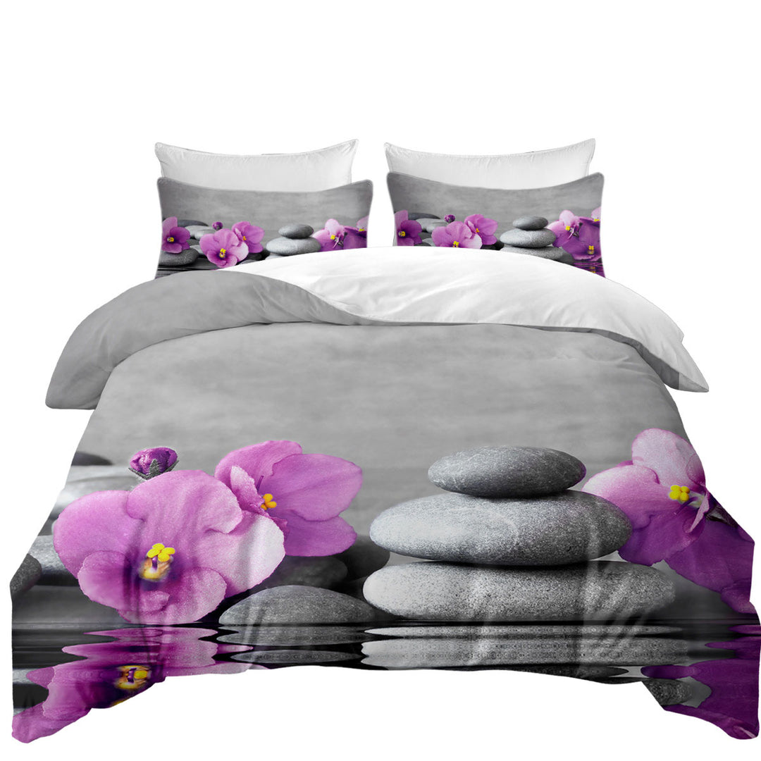 Purple Orchid Flower over Spa Pebbles Duvet Covers