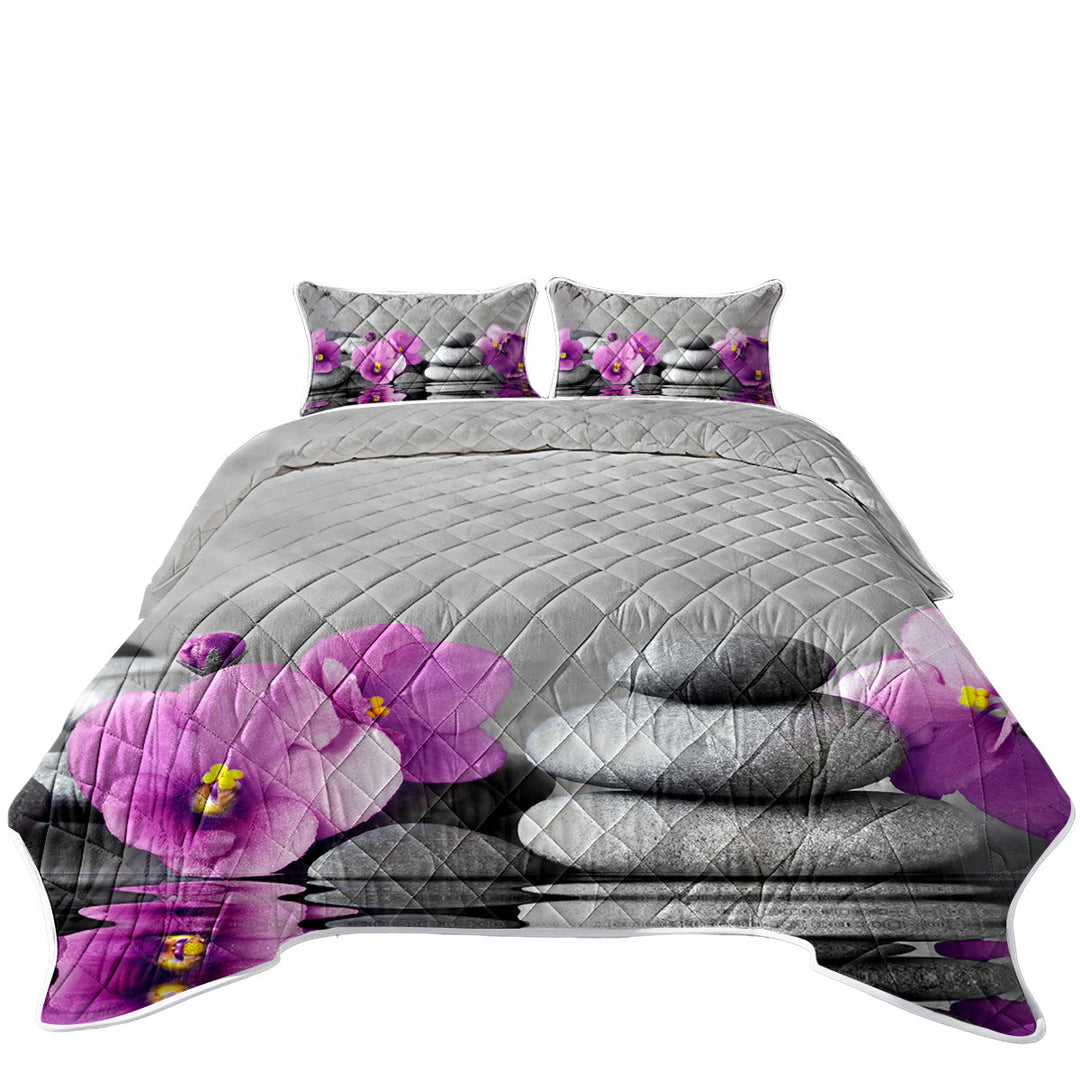 Purple Orchid Flower over Spa Pebbles King Quilt