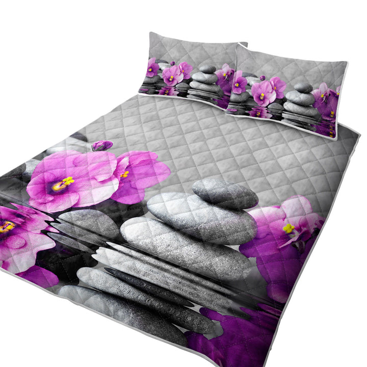 Purple Orchid Flower over Spa Pebbles Quilts for sale