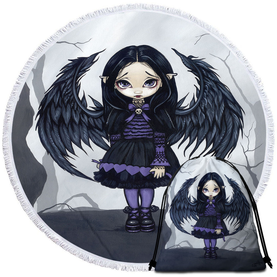 Purple Paper Hearts Gothic Angel in a Scary Forest Round Beach Towel