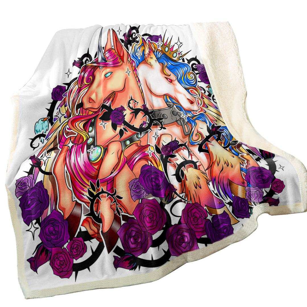 Purple Roses and Cool Unicorns Throw Blanket