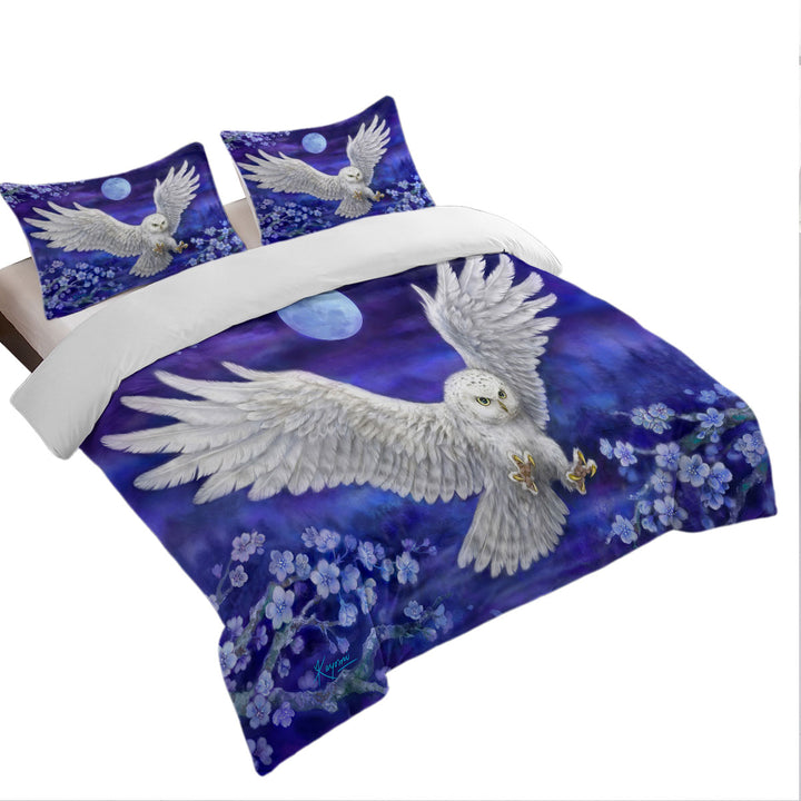 Purple Skies Moon Flowers and White Owl Bed Covers