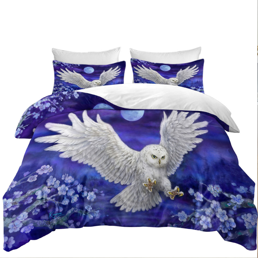 Purple Skies Moon Flowers and White Owl Best Duvet Covers