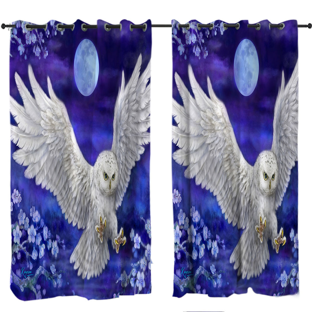 Purple Skies Moon Flowers and White Owl Curtain
