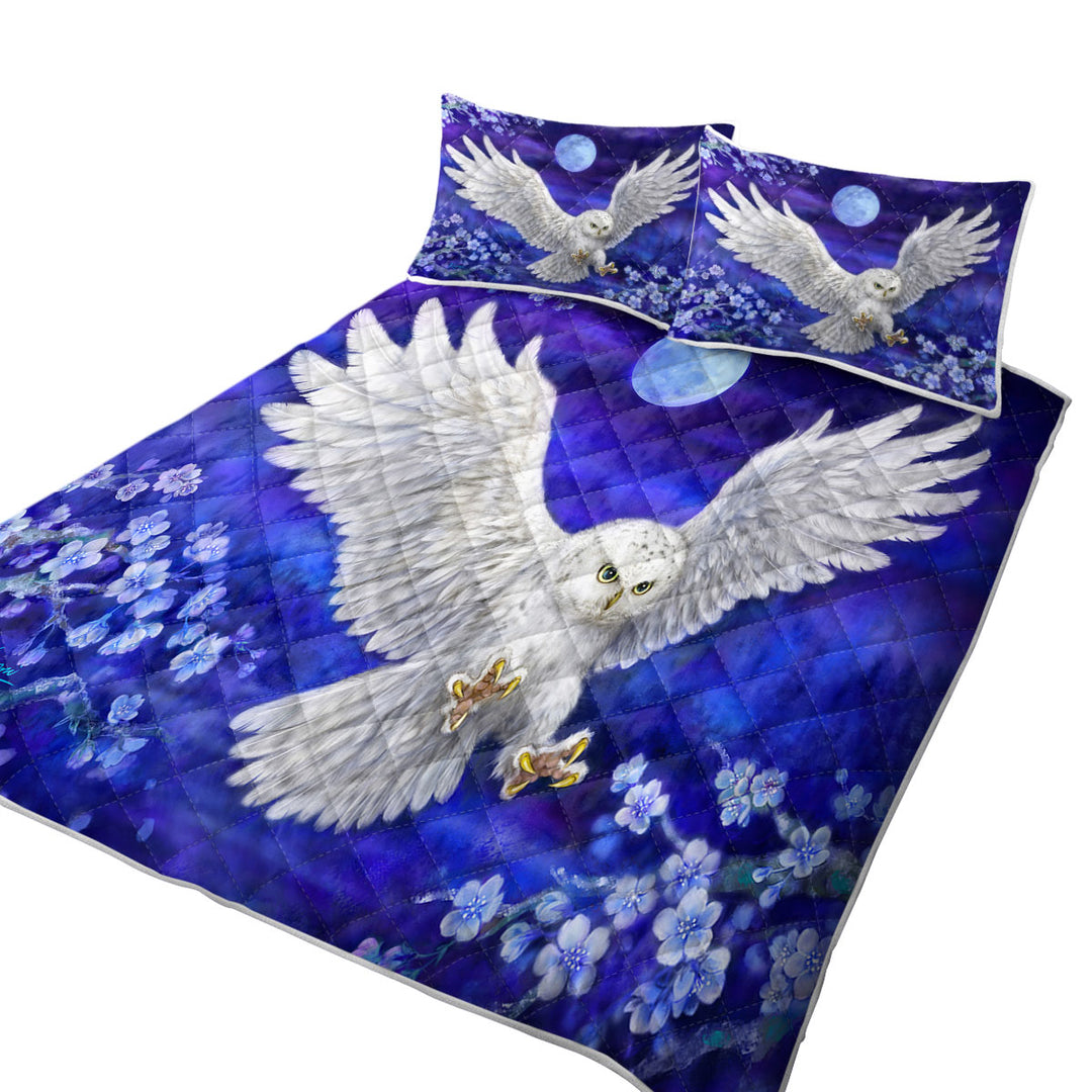 Purple Skies Moon Flowers and White Owl King Size Quilt