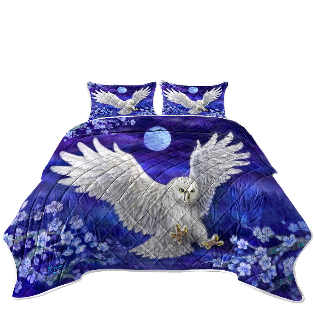 Purple Skies Moon Flowers and White Owl Quilts for sale