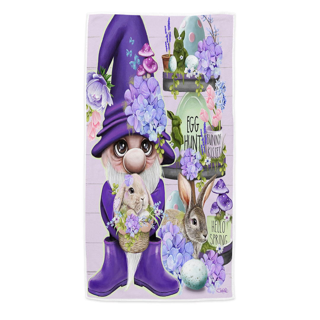 Purple Spring Gnome and Bunnies Beach Towels