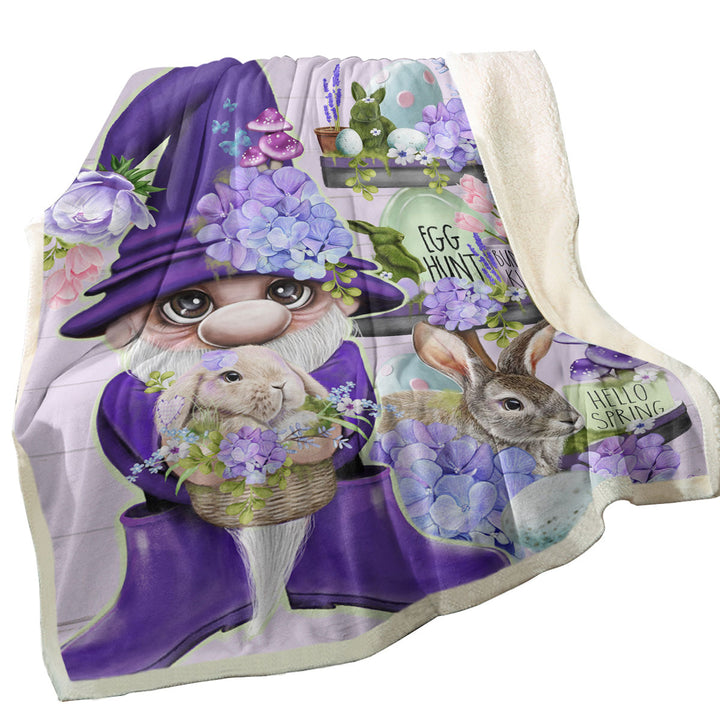 Purple Spring Gnome and Bunnies Decorative Blankets for Easter