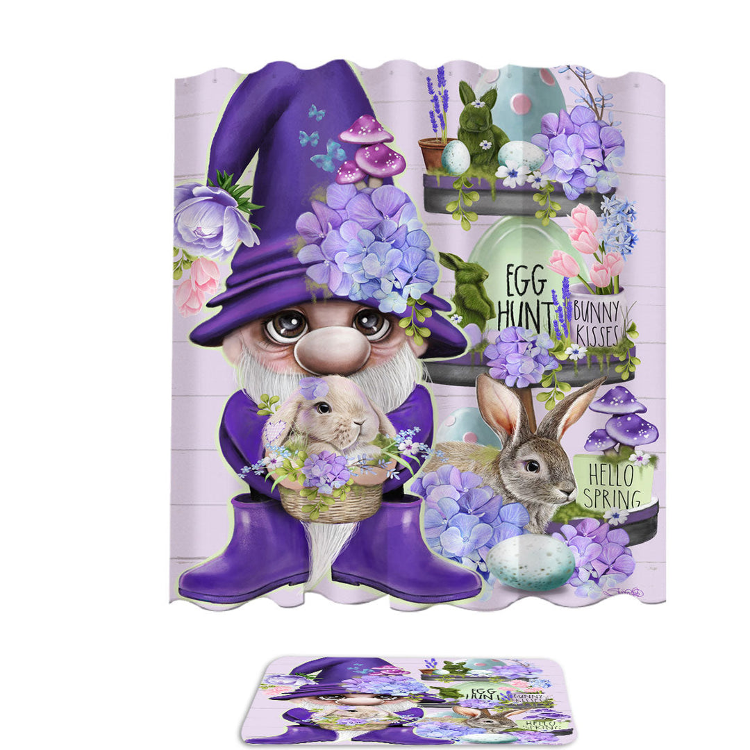 Purple Spring Gnome and Bunnies Shower Curtains for Easter