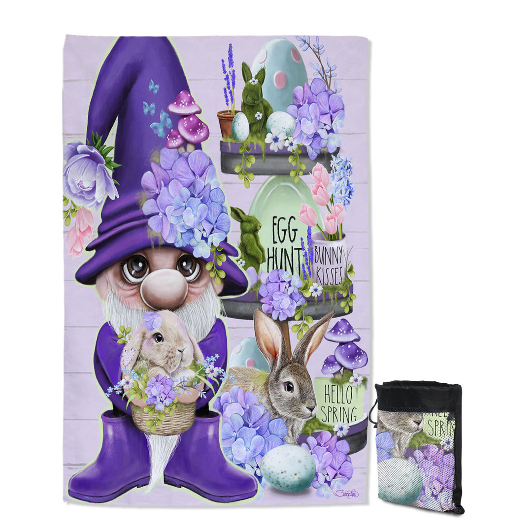 Purple Spring Gnome and Bunnies Travel Beach Towel