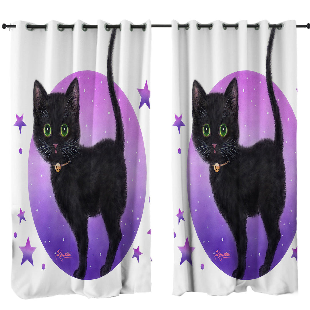 Purple Stars Full Moon and Black Kitty Cat Drapes