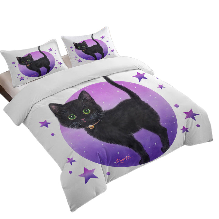 Purple Stars Full Moon and Black Kitty Cat Duvet Cover