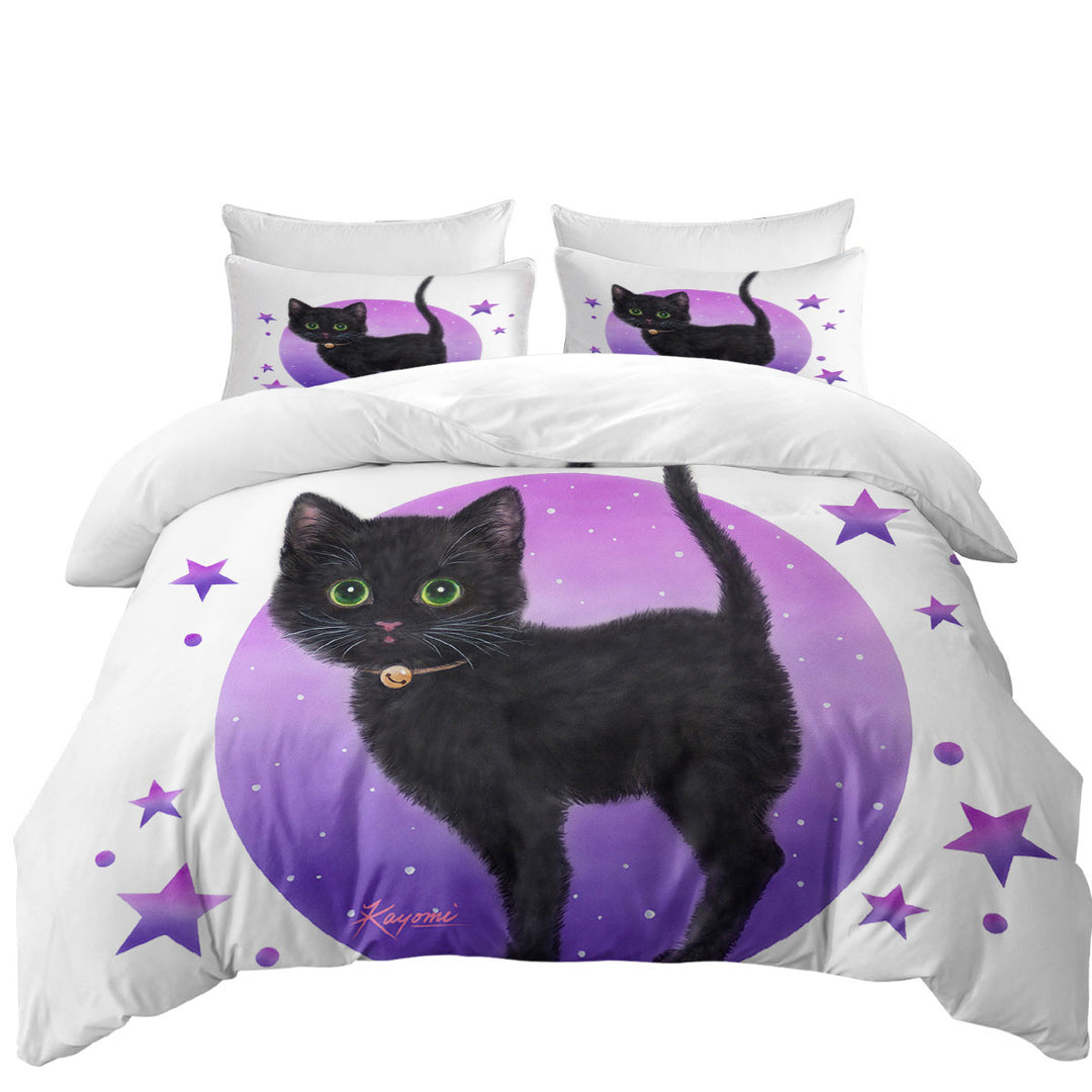 Purple Stars Full Moon and Black Kitty Cat Duvet Covers