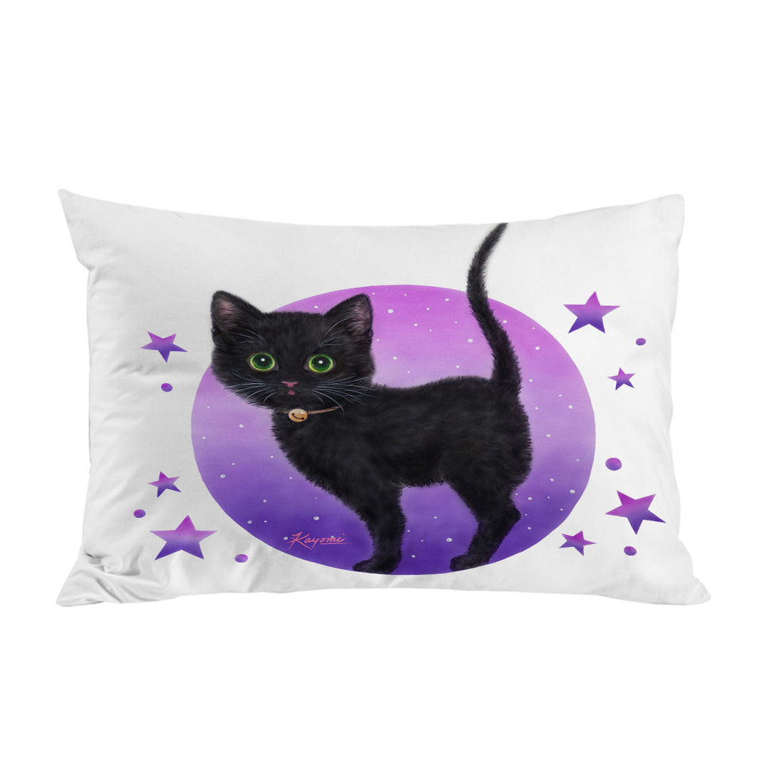 Purple Stars Full Moon and Black Kitty Cat Pillow Case Covers