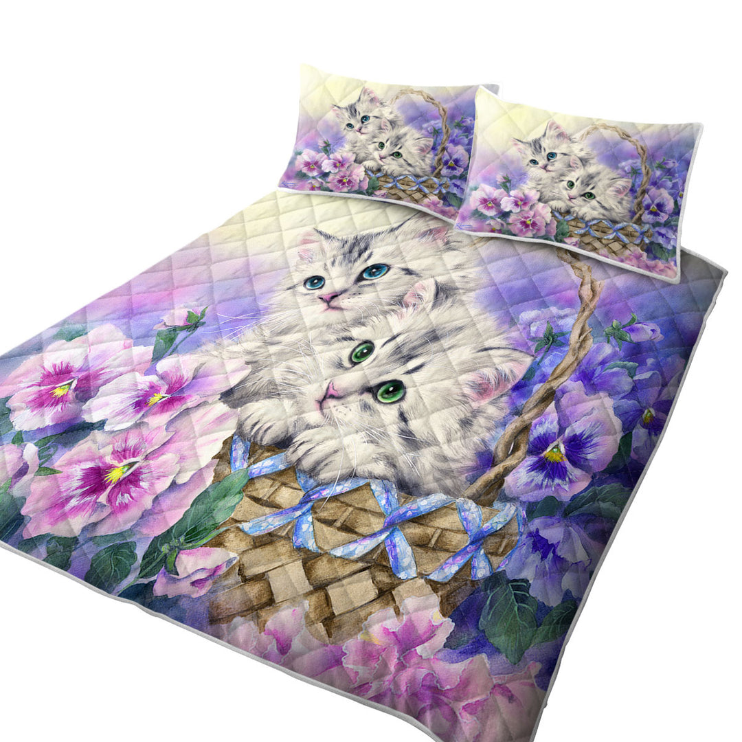 Purple Violet Flowers Sweet Spring Basket Kittens California King Quilt Sets