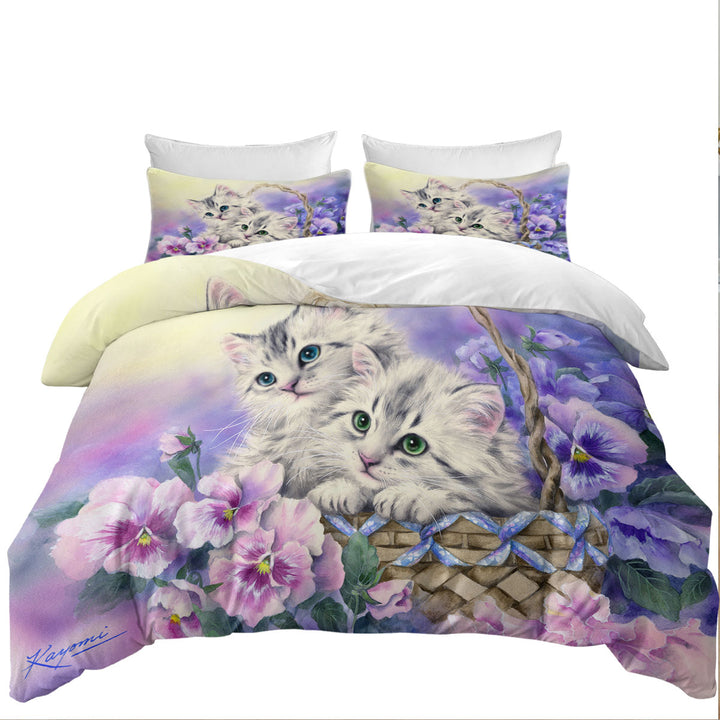 Purple Violet Flowers Sweet Spring Basket Kittens Coverlet