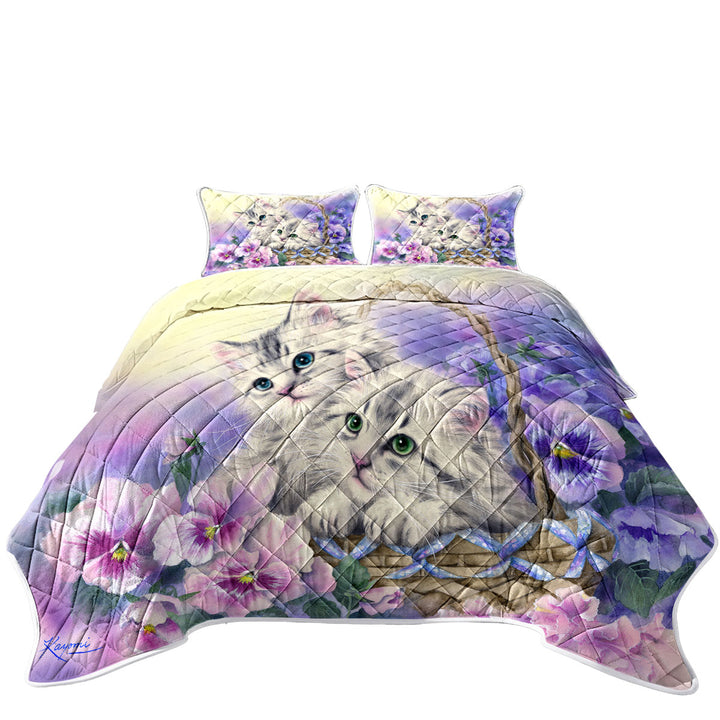Purple Violet Flowers Sweet Spring Basket Kittens Daybed Covers Sets