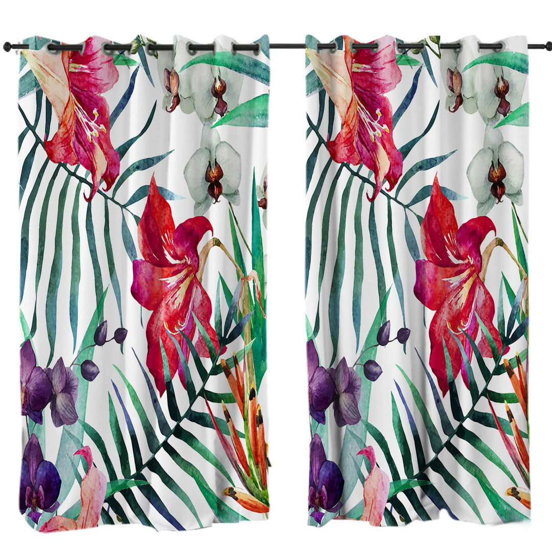 Purple White Orchid and Red Hibiscus Flowers Curtains for Bedroom