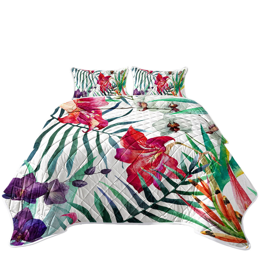 Purple White Orchid and Red Hibiscus Flowers King Quilt