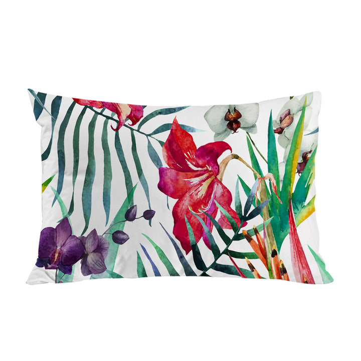 Purple White Orchid and Red Hibiscus Flowers Pillowcases