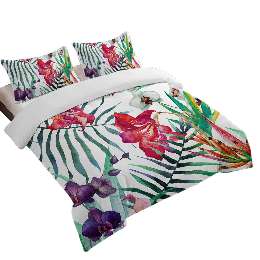 Purple White Orchid and Red Hibiscus Flowers Queen Size Duvet Cover
