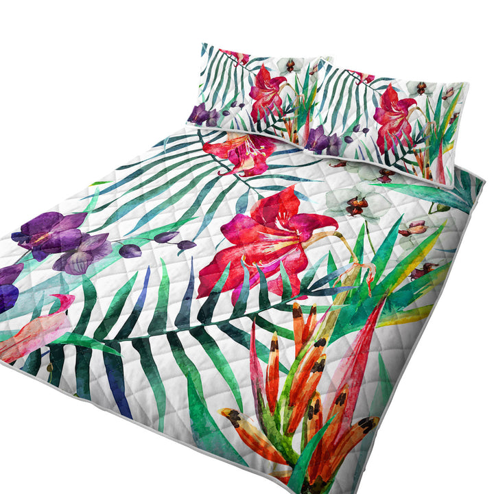 Purple White Orchid and Red Hibiscus Flowers Quilts for sale
